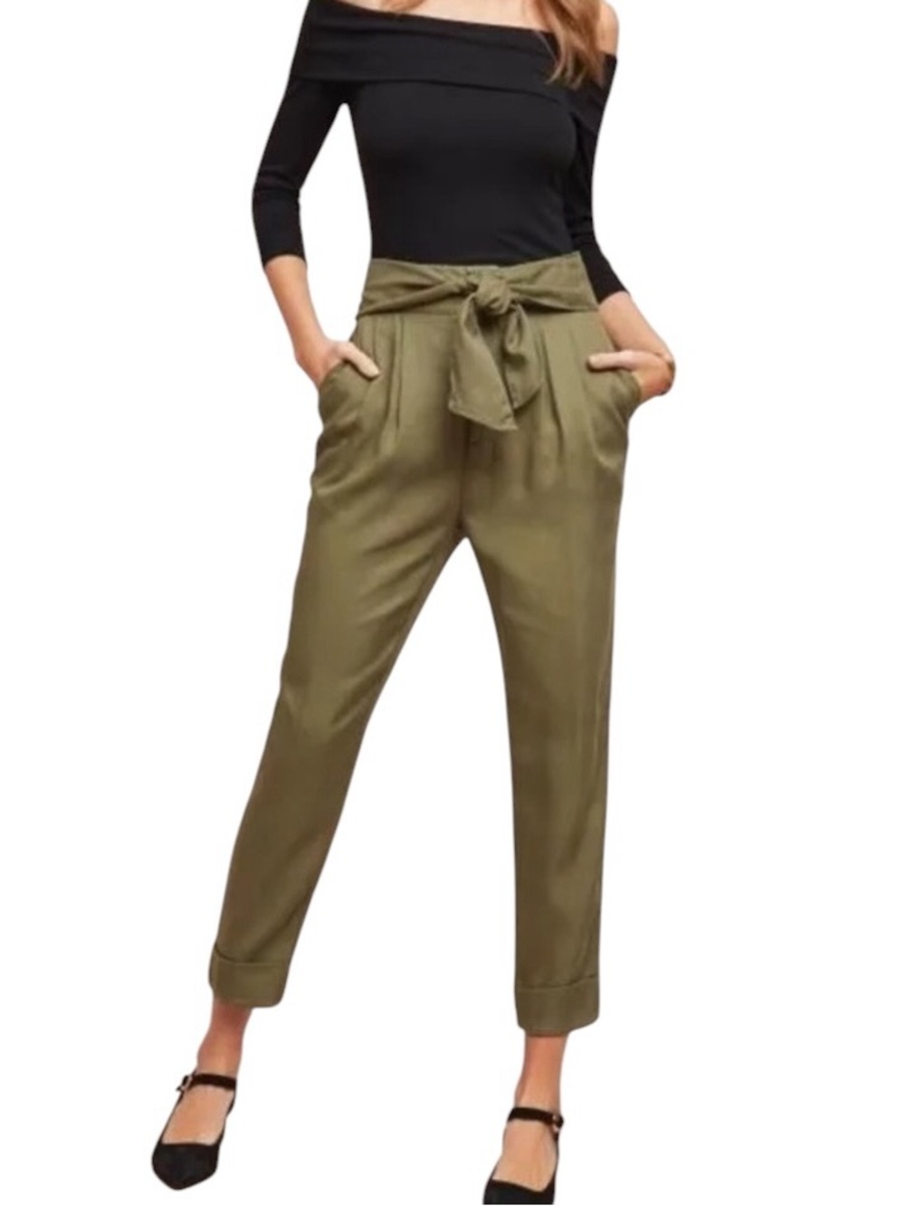 Anthropologie Cartonnier Kingsley Moss Green Tie Waist Belted Paperbag Pants  10